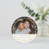 Moderne onechte folie gouden stippen foto ornament feestdagenkaart (Staand voorkant)