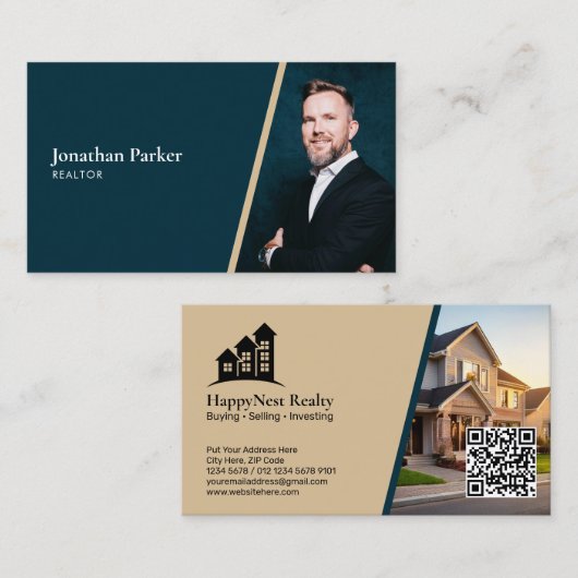 Moderne onroerende zaken met foto en QR-code Visitekaartje (Voorkant / Achterkant)