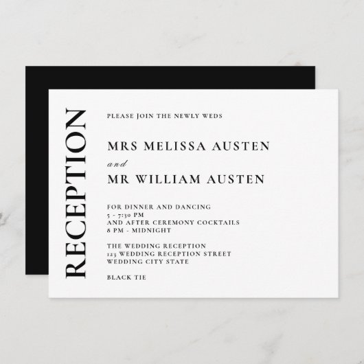 Moderne ontvangst van monogram zwart-witbruiloft informatiekaartje (Voorkant / Achterkant)