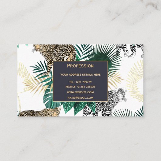 Moderne ontwerp van luipaard en tropische bladeren visitekaartje (Achterkant)