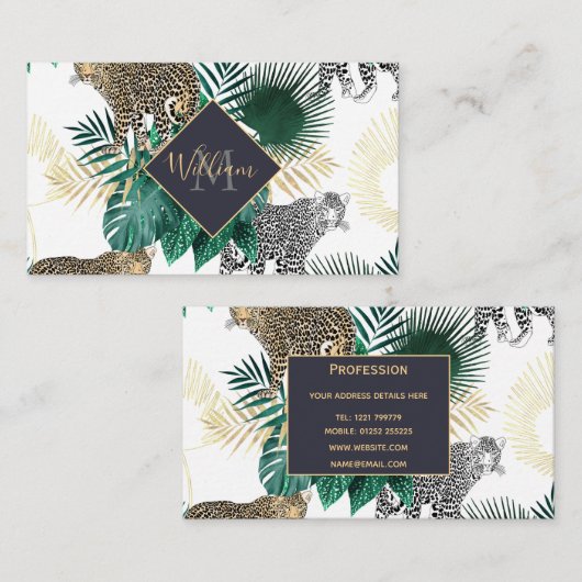 Moderne ontwerp van luipaard en tropische bladeren visitekaartje (Voorkant / Achterkant)