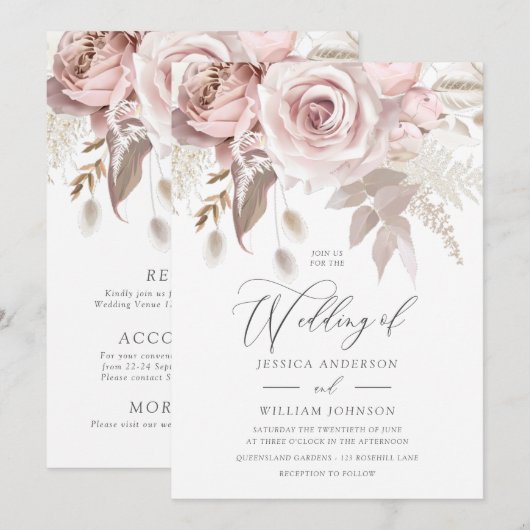 Moderne Ontwerper Dusty Rose Blush Details & Trouw Kaart (Voorkant / Achterkant)