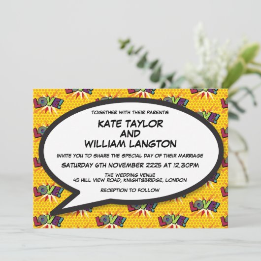 Moderne Ontwerper Liefde Pret Comic Bruiloft Kaart (Staand voorkant)