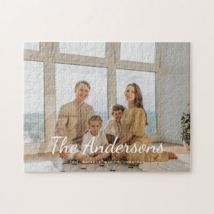 Moderne op maat gemaakte foto familie naam script legpuzzel