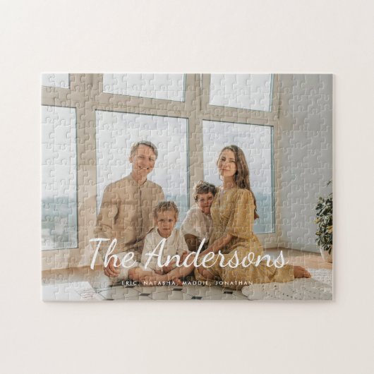 Moderne op maat gemaakte foto familie naam script legpuzzel (Horizontaal)