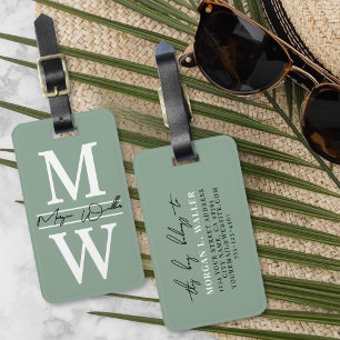 Moderne op maat gemaakte saliegroene monogramnaam bagagelabel