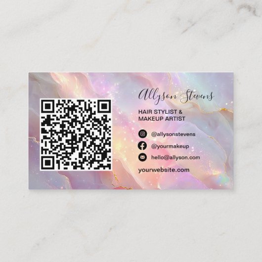 Moderne Opal Rainbow Glitter Foto QR Code Make-up Visitekaartje (Achterkant)