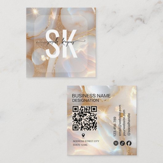 Moderne Opal steen monogram Qr Code Vierkante Visitekaartje (Voorkant / Achterkant)