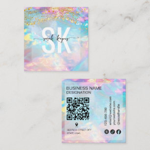 Moderne Opal-stenen holografisch monogram Qr-code Vierkante Visitekaartje