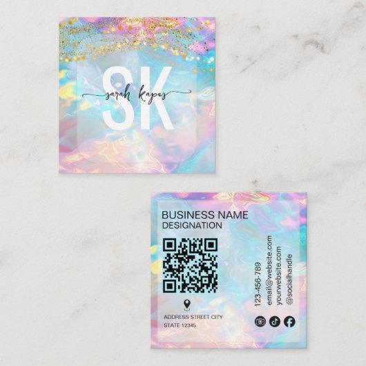 Moderne Opal-stenen holografisch monogram Qr-code Vierkante Visitekaartje (Voorkant / Achterkant)