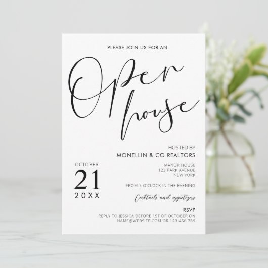 Moderne Open House in zwart-wit en witscript Kaart (Staand voorkant)