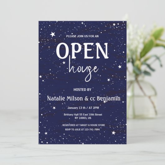 Moderne Open Huis Navy Blauwe Sterren Housewarming Kaart (Staand voorkant)