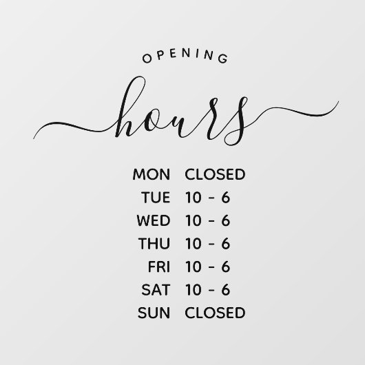 Moderne openingstijden Elegant Script Small Busine Raamsticker (Vel)