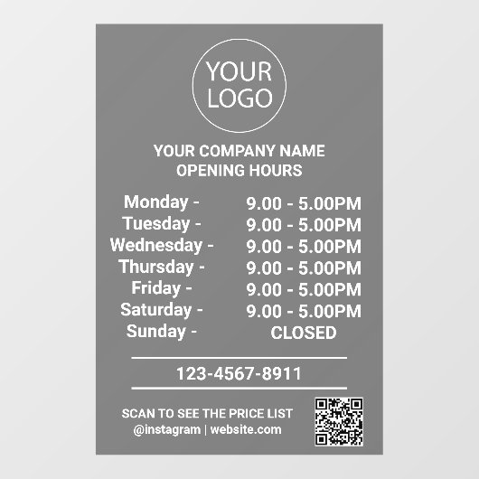 Moderne openingstijden Logo QR Code Grijs Raamsticker (Vel)