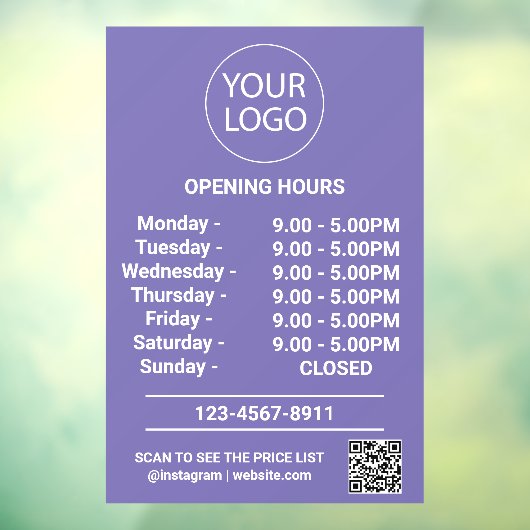 Moderne openingstijden Logo QR Code paarse Raamsticker (Vel 3)