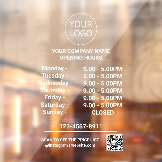 Moderne openingstijden Logo QR-code Raamsticker (Vel 2)