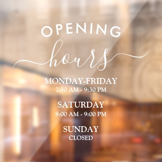 Moderne openingsuren Elegant script Kleine onderne Raamsticker (Vel 2)