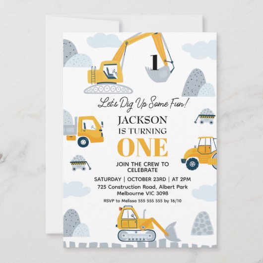 Moderne opgraven wat leuke constructie 1e verjaard kaart (Voorkant)