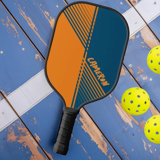 Moderne Oranje Blauwe Sport Split Fade met Naam Pickleball Paddle