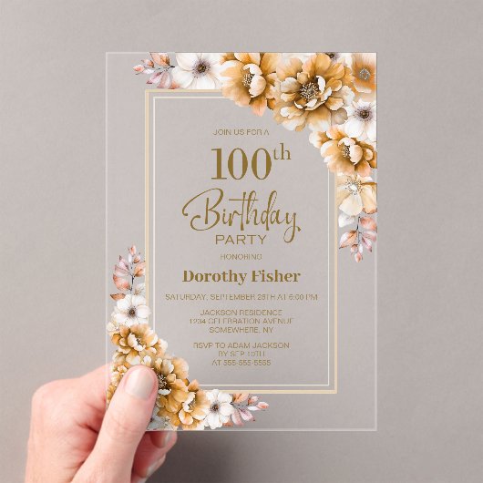 Moderne Oranje Bloemen 100ste Verjaardagsfeest Acryl Uitnodigingen (Insitu (Draagbaar))