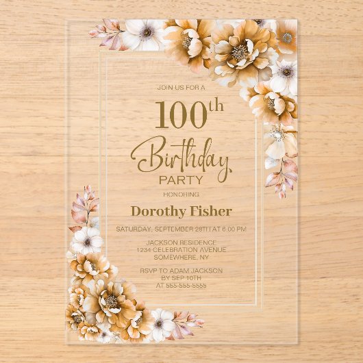 Moderne Oranje Bloemen 100ste Verjaardagsfeest Acryl Uitnodigingen (Voorkant)