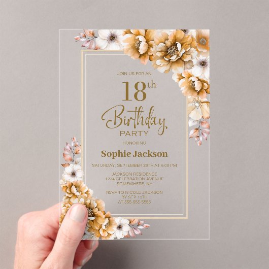 Moderne Oranje Bloemen 18e Verjaardagsfeest Acryl Uitnodigingen (Insitu (Draagbaar))
