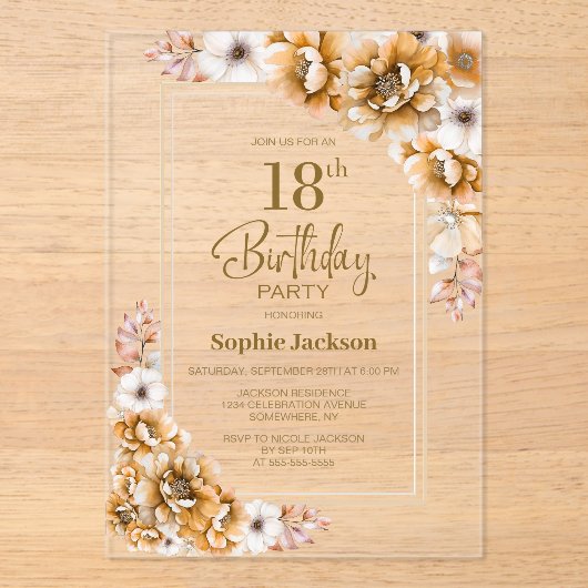 Moderne Oranje Bloemen 18e Verjaardagsfeest Acryl Uitnodigingen (Voorkant)