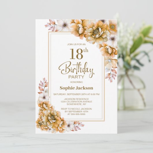 Moderne Oranje Bloemen 18e Verjaardagsfeest Kaart (Staand voorkant)