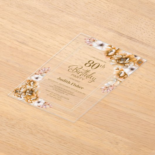 Moderne Oranje Bloemen 80ste Verjaardagsfeest Acryl Uitnodigingen (Laagn)