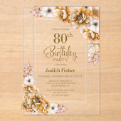 Moderne Oranje Bloemen 80ste Verjaardagsfeest Acryl Uitnodigingen (Voorkant)