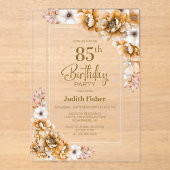 Moderne Oranje Bloemen 85e Verjaardagsfeest Acryl Uitnodigingen (Voorkant)