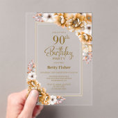 Moderne Oranje Bloemen 90ste Verjaardagsfeest Acryl Uitnodigingen (Insitu (Draagbaar))