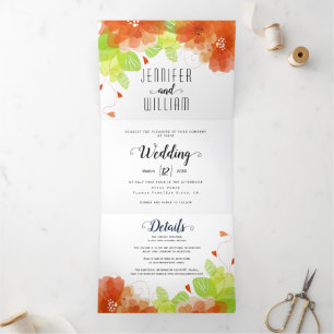 Moderne oranje bloemen, typografie bloedige bruilo drieluik uitnodiging