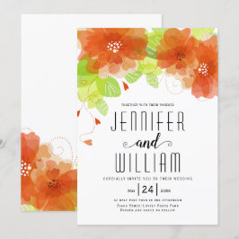 Moderne oranje bloemen, typografie bloedige bruilo kaart