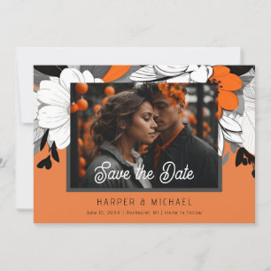Moderne oranje bloementrouwfoto bewaart de datum kaart