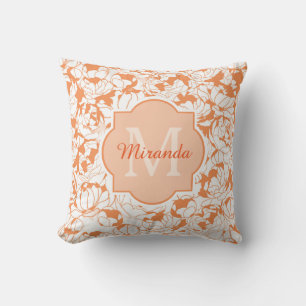 Moderne Oranje Bloemige Meisjesachtige Monogram Me Kussen