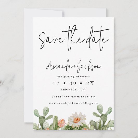 Moderne Oranje Cactus Bruiloft Save The Date Kaart (Voorkant)