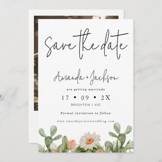 Moderne Oranje Cactus Bruiloft Save The Date Kaart (Voorkant / Achterkant)