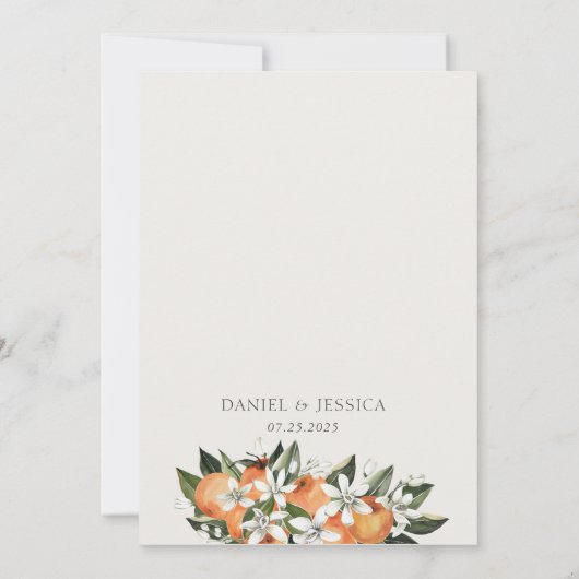 Moderne Oranje citrusbloesem waterverf bruiloft Kaart (Achterkant)