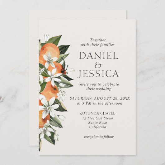 Moderne Oranje citrusbloesem waterverf bruiloft Kaart (Voorkant / Achterkant)
