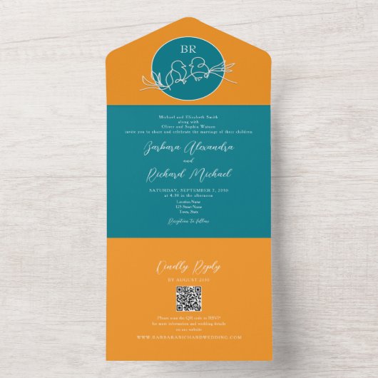 Moderne Oranje en Blauwgroen bruiloft All In One Uitnodiging (Binnen)