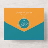 Moderne Oranje en Blauwgroen bruiloft All In One Uitnodiging (Achterkant)