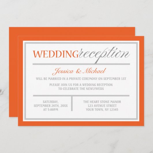 Moderne oranje en grijze trouwreceptie uitnodiging (Voorkant / Achterkant)