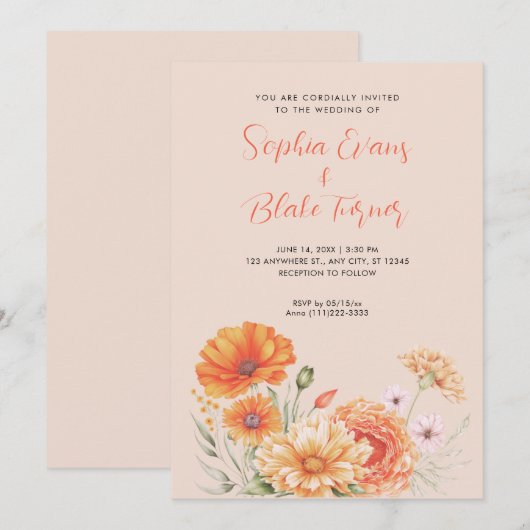 Moderne Oranje en roze beige bruiloft Kaart (Voorkant / Achterkant)