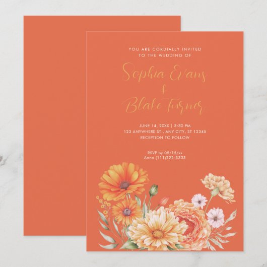 Moderne Oranje en roze tuinlijke Oranje bruiloft Kaart (Voorkant / Achterkant)