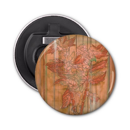 Moderne Oranje Floral Print op gestripte achtergro Button Flesopener (Voorkant)