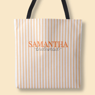 Moderne oranje gestreepte script bruidsmeisjesjurk tote bag