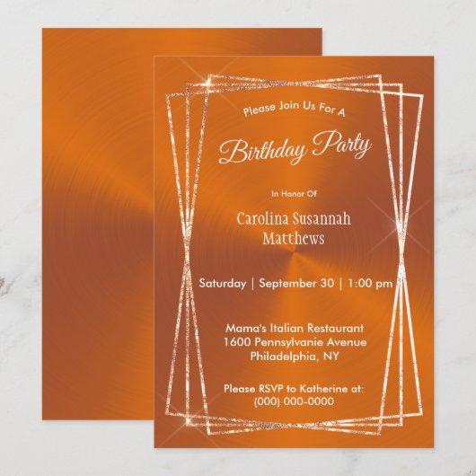 Moderne Oranje Glitter Lijst Verjaardag Kaart (Voorkant / Achterkant)