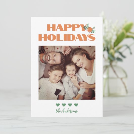 Moderne Oranje groene kerstfoto Feestdagenkaart (Staand voorkant)