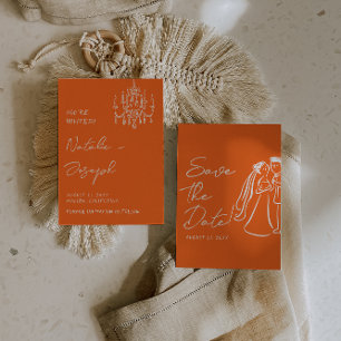 Moderne Oranje Hand Getekende Retro Zomer Bruiloft Save The Date